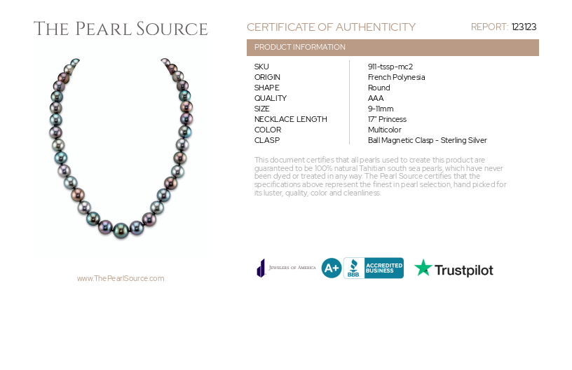9-11 mm Tahitian South Sea Multicolor Pearl Necklace-Certificate