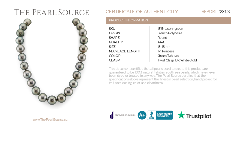 13-15mm Green Tahitian South Sea Pearl Necklace - AAA Quality-Certificate