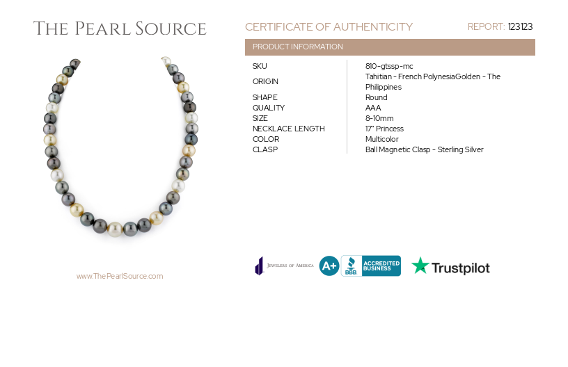 8-10mm Tahitian & Golden South Sea Multicolor Pearl Necklace - AAA Quality-Certificate