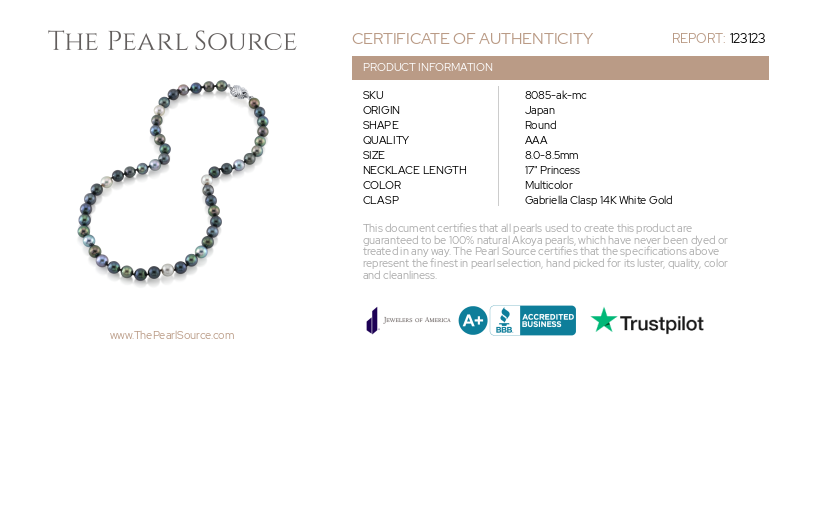 8.0-8.5mm Akoya Multicolor Pearl Necklace - AAA Quality-Certificate
