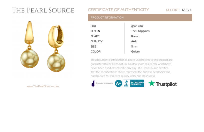 Golden South Sea Pearl Hoop Willa Dangling Earrings-Certificate