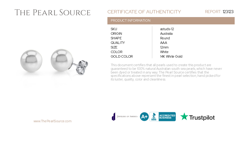 12mm South Sea Round Pearl Stud Earrings-Certificate