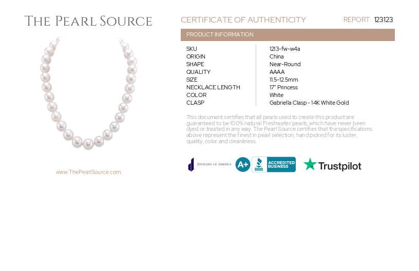 11.5-12.5mm White Freshwater Pearl Necklace - AAAA Quality-Certificate