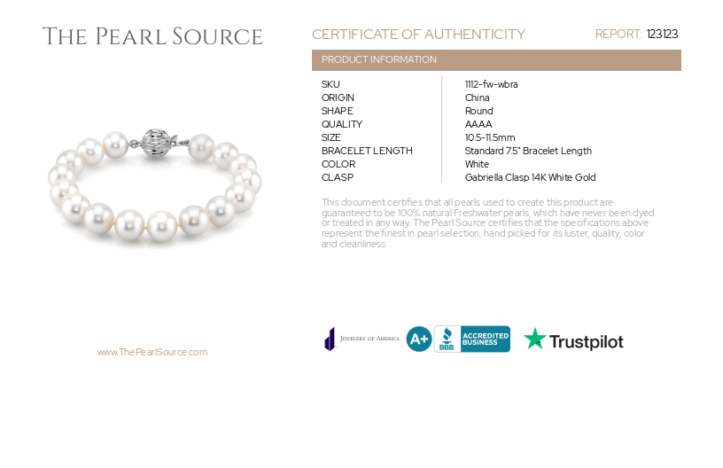 10.5-11.5mm White Freshwater Pearl Bracelet - AAAA Quality-Certificate