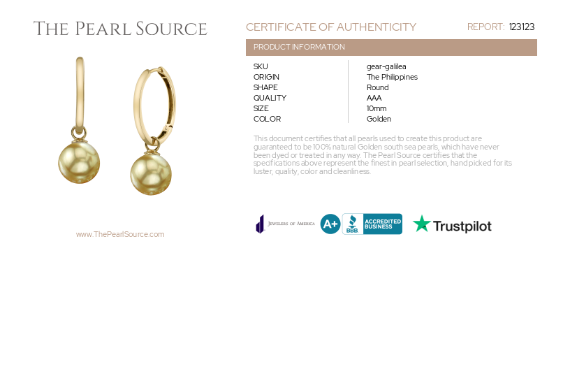 14K Gold Golden South Sea Pearl Hoop Galilea Earrings-Certificate