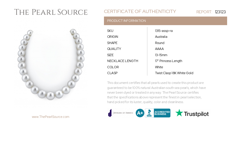 13-15mm White South Sea Pearl Necklace - AAAA Quality-Certificate
