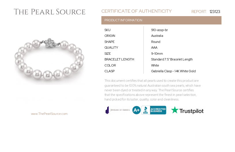 9-10mm White South Sea Pearl Bracelet-Certificate