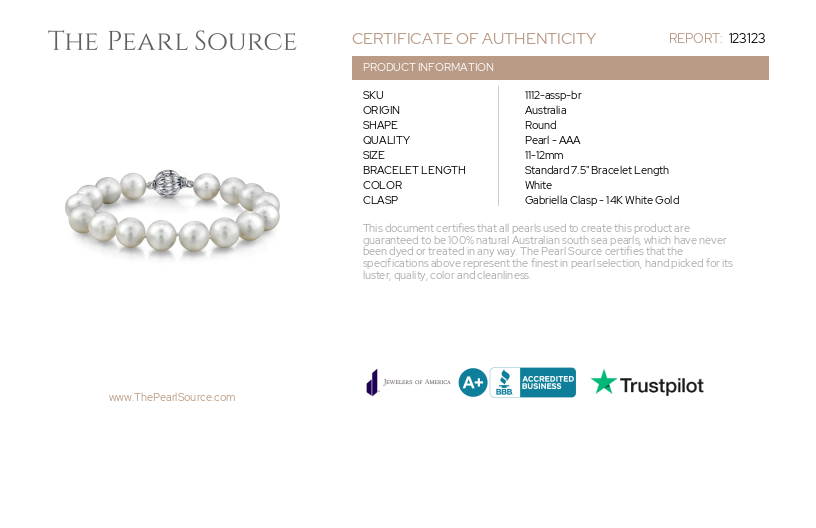 11-12mm White South Sea Pearl Bracelet-Certificate