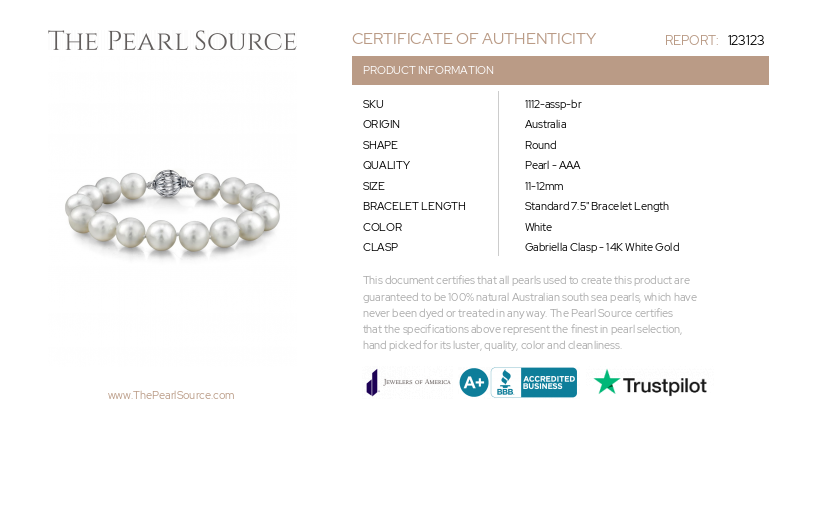 11-12mm White South Sea Pearl Bracelet-Certificate