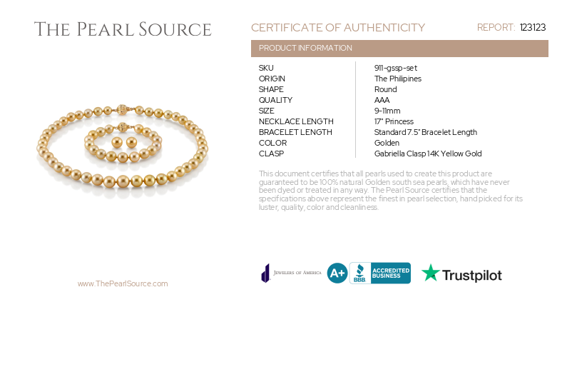9-11mm Golden Round South Sea Pearl Set-Certificate