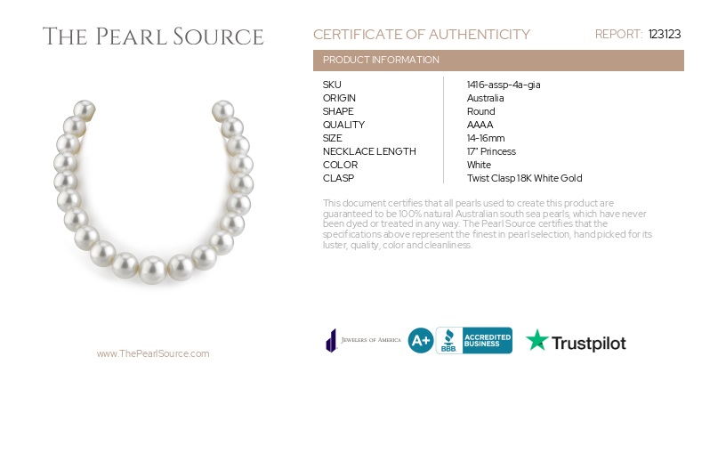 14-16mm White South Sea Pearl Necklace - GIA Certified-Certificate