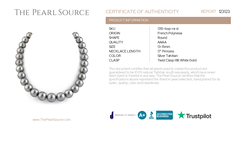 13-15mm Silver Tahitian South Sea Pearl Necklace - AAAA Quality-Certificate