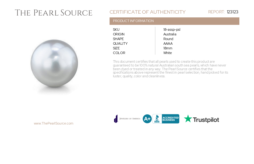 18mm White South Sea Loose Pearl - PSL Certified-Certificate