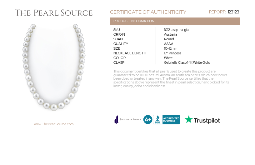 10-12mm White South Sea Pearl Necklace - GIA Certified-Certificate