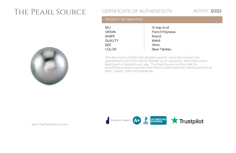 13.5mm Tahitian South Sea Silver Pearl - PSL Certified-Certificate