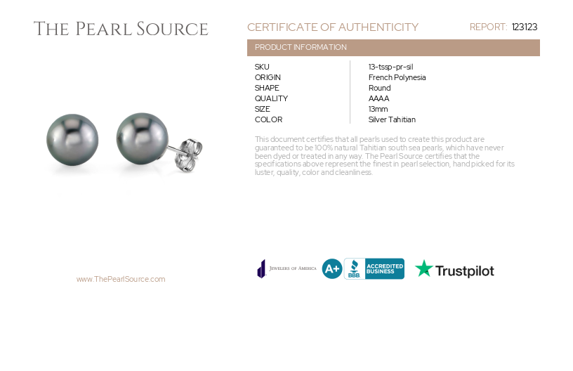 13mm Tahitian South Sea Silver Loose Pair - PSL Certified-Certificate