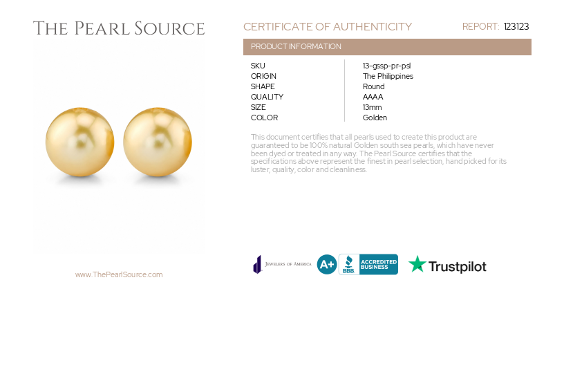 13mm Golden South Sea Loose Pair - PSL Certified-Certificate