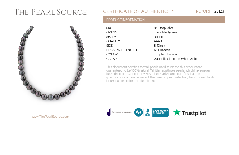 8-10mm Eggplant Tahitian South Sea Pearl Necklace - AAAA Quality-Certificate