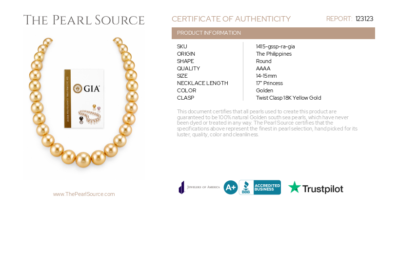 14-15mm Golden Round South Sea Pearl Necklace - GIA Certified-Certificate
