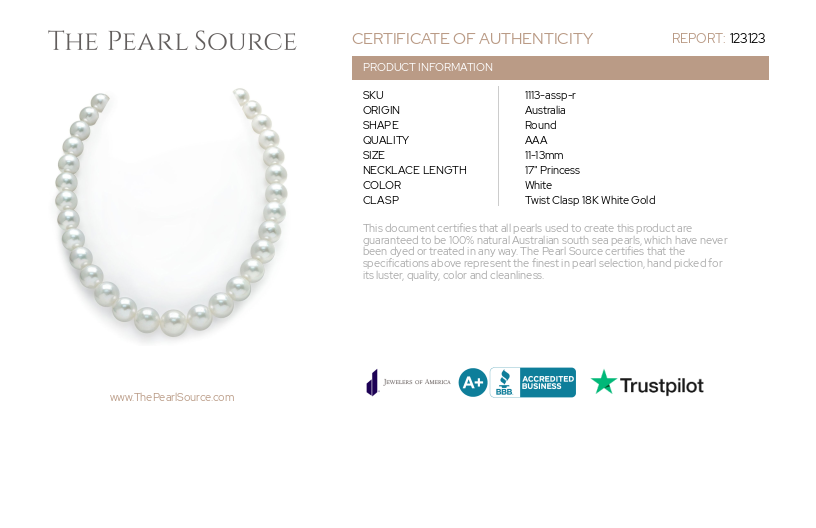 11-13mm White South Sea Pearl Necklace - AAA Quality-Certificate