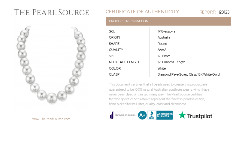 17-18mm White South Sea Pearl Necklace - AAAA Quality-Certificate