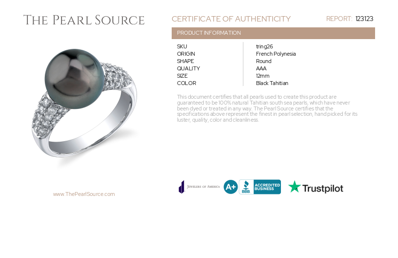 Tahitian South Sea Pearl & Diamond Serenity Ring-Certificate