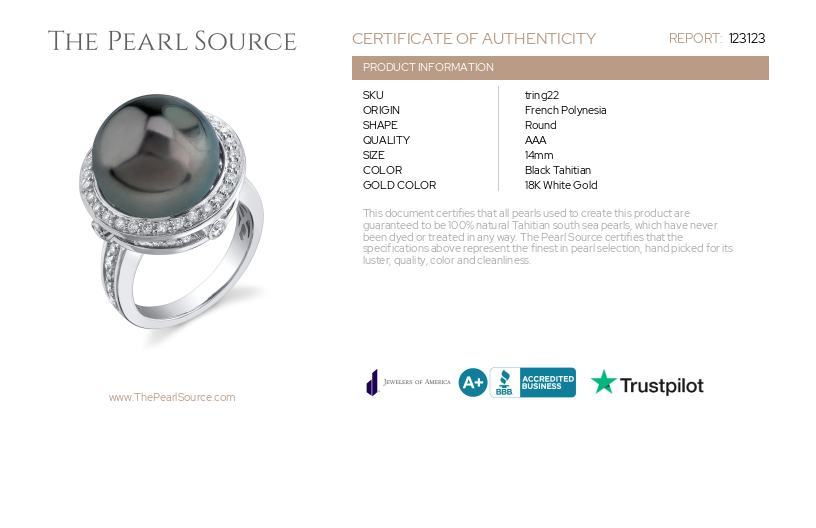 Tahitian South Sea Pearl & Diamond Bella Ring-Certificate