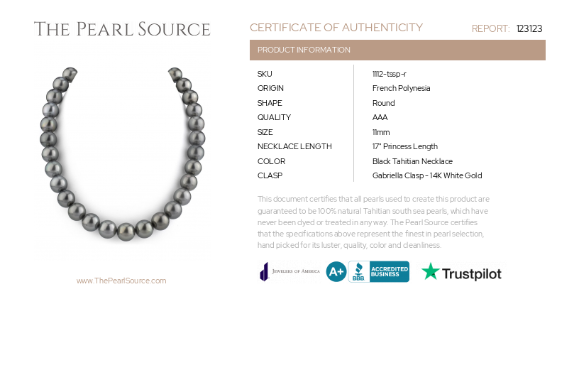 11-12mm Tahitian South Sea Pearl Necklace - AAA Quality-Certificate