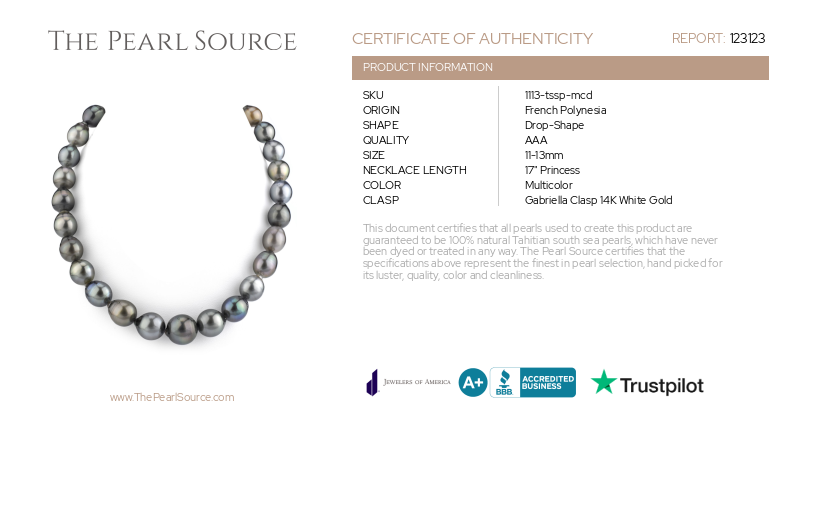11-13mm Tahitian South Sea Multicolor Drop-Shape Pearl Necklace-Certificate