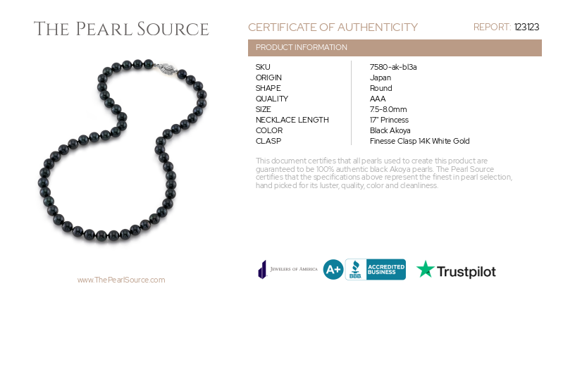 7.5-8.0mm Japanese Akoya Black Pearl Necklace- AAA Quality-Certificate