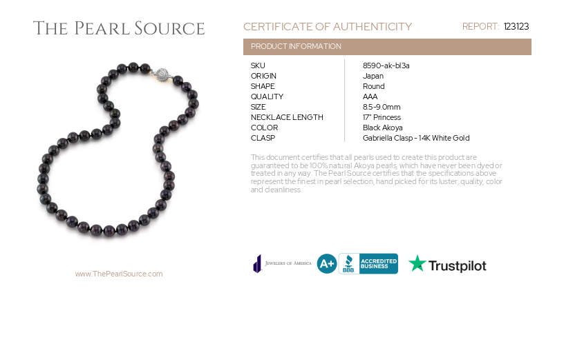8.5-9.0mm Japanese Akoya Black Pearl Necklace-AAA Quality-Certificate