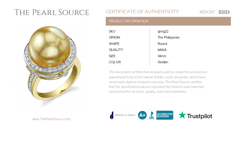 Golden Pearl & Diamond Bella Ring-Certificate