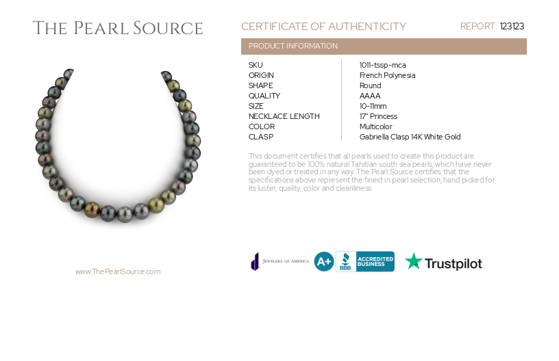 10-11mm Tahitian Multicolor Pearl Necklace - AAAA Quality-Certificate