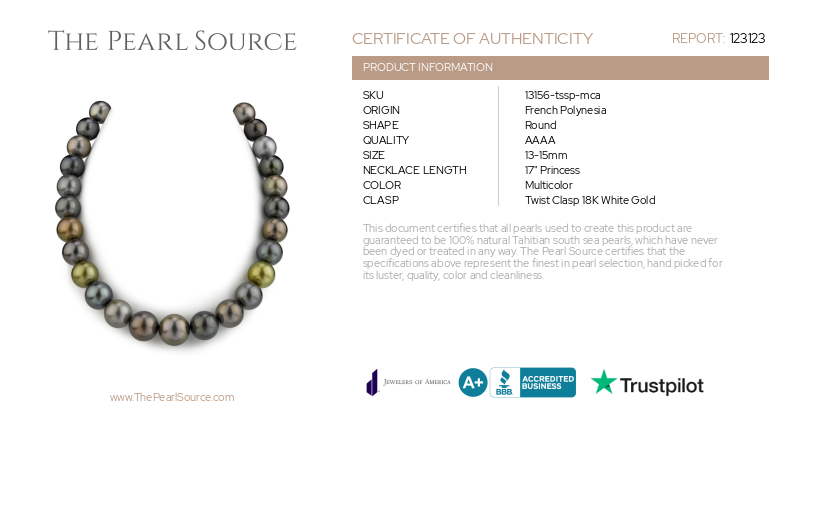 13-15mm Tahitian Multicolor Pearl Necklace - AAAA Quality-Certificate