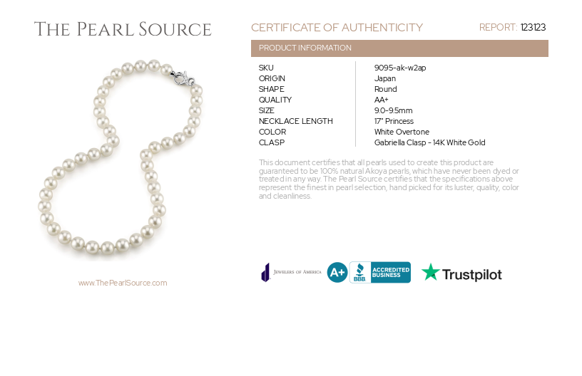 9.0-9.5mm Japanese Akoya White Pearl Necklace- AA+ Quality-Certificate